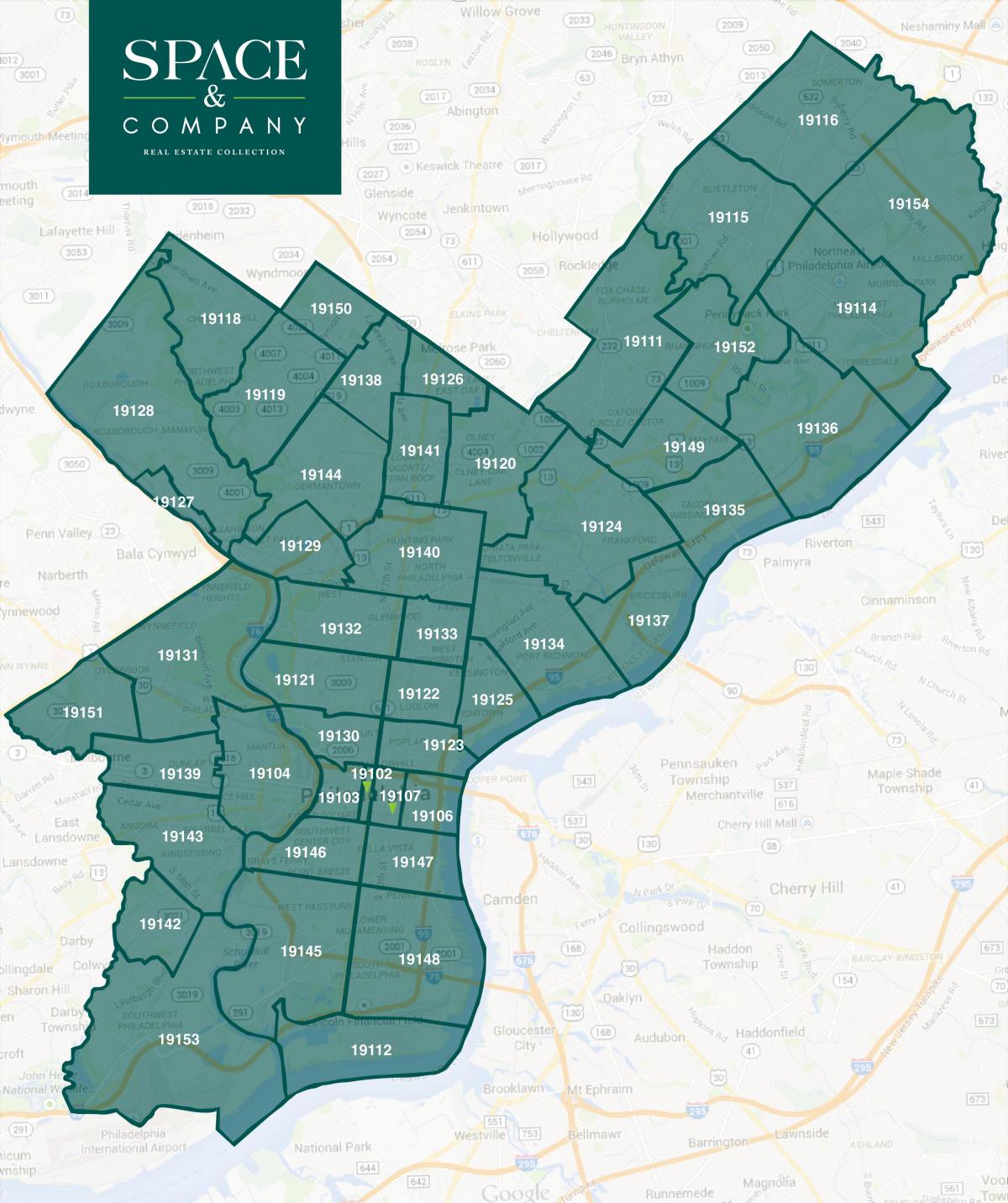 karta över Philadelphia stadsdelar och postnummer
