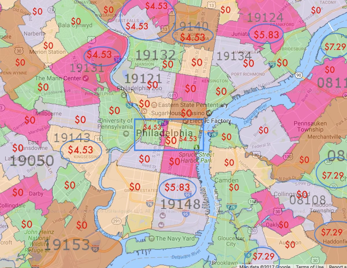 Philadelphia och omgivande områden karta